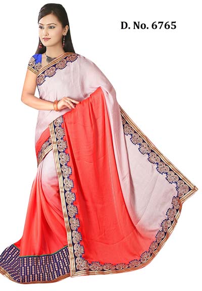 Designer Orange and White Crape Wedding Wear Saree