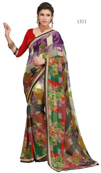Multi Color Printed Georgette Fancy Saree with Blause