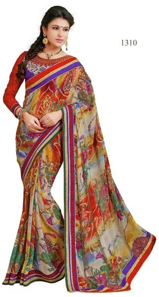 Multi Color Printed Lace Work Georgette  Saree with Blause