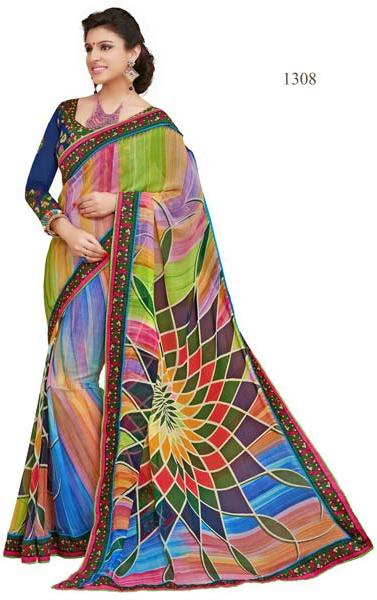 Multi Color Printed Lace Work Georgette Saree with Blause