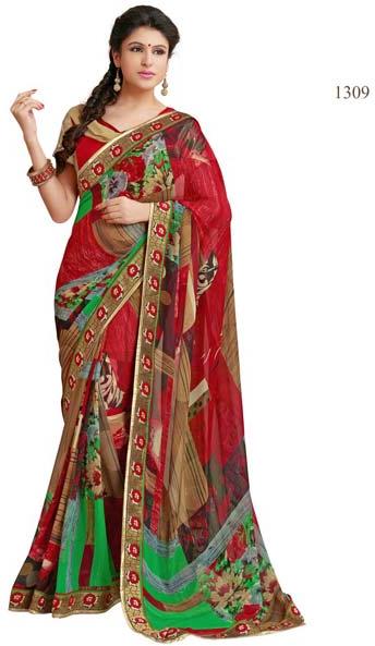 Red color printed lace work georgette saree with blause