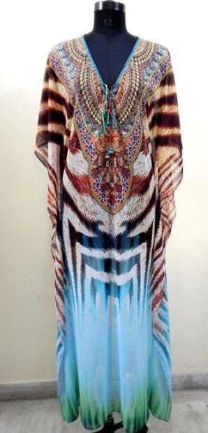 Long Sleeve Polyster/Viscose Brown Printed Kaftan, Gender : Female