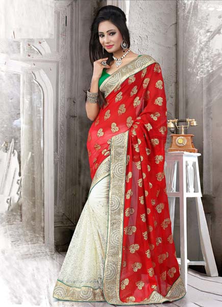 Viscose Designer Saree With White and Red Color