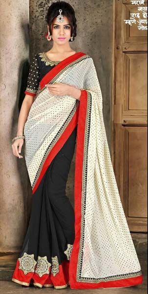 Stylish Georgette Designer Saree with Black and White Color - 9291