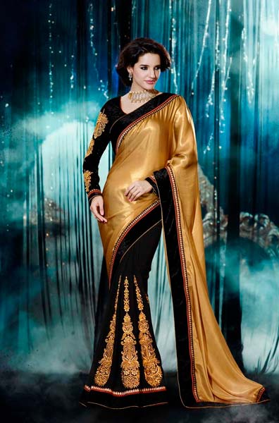 Stylish Georgette Designer Saree with Gold and Black Color - 9277