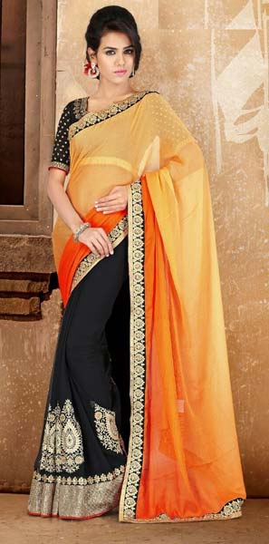 Stylish Georgette Designer Saree with Orange and Black Color - 9270