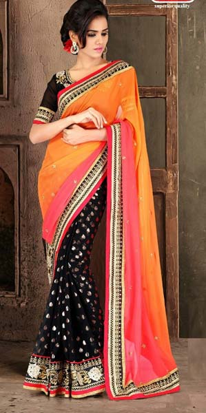 Stylish Georgette Designer Saree with Orange and Black Color - 9273