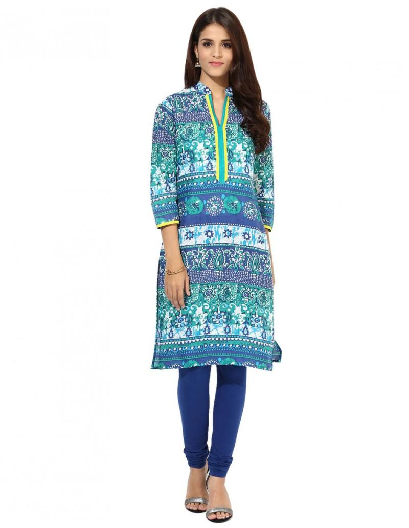 Blue and Turquoise Cotton Graphic Print Kurti