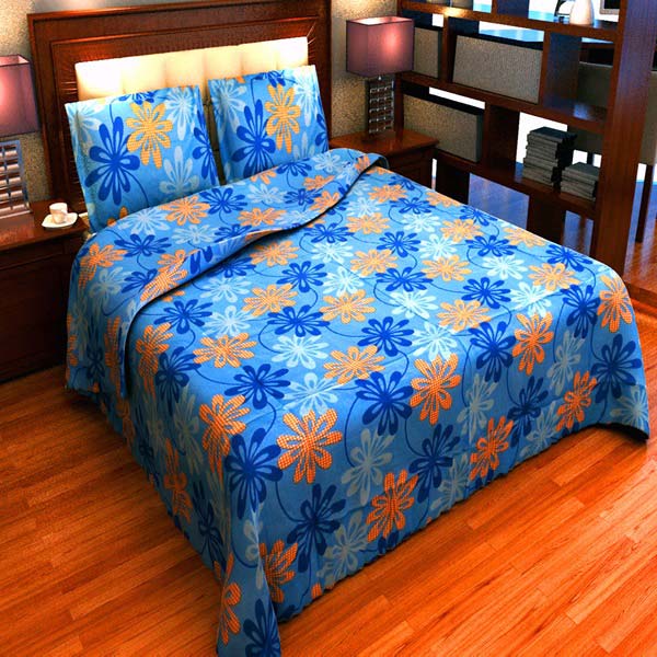 Factorywala Cotton Floral Print Blue Colour Double BedSheet