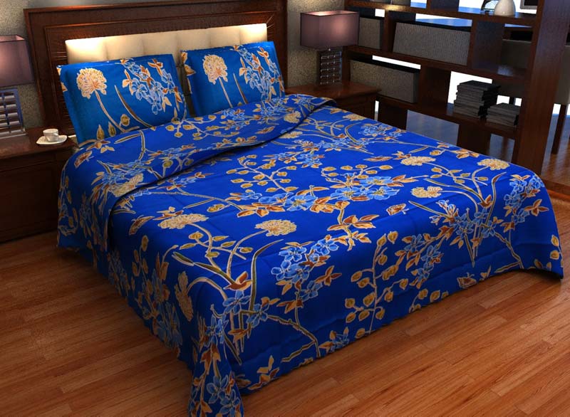 Factorywala Premium Cotton Floral Print Blue Colour Double Bed Sheet