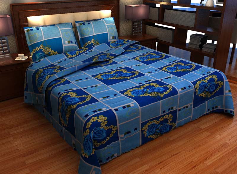 Factorywala Premium Cotton Floral Print Blue Color Double Bed Sheet