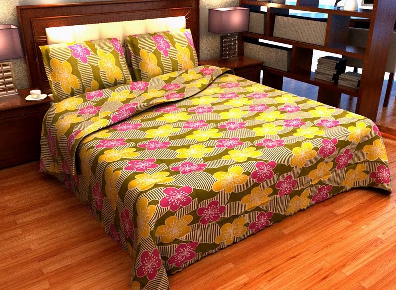 Factorywala Premium Cotton Floral Print Yellow Colour Double Bed Sheet