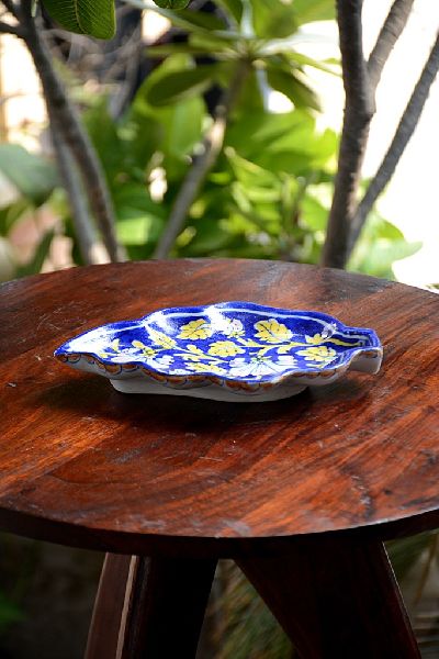Blue Pottery Leaf Serving Tray