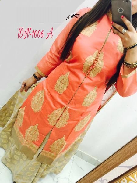 Riddhi Fashion Orange Cotton Chanderi Kurtis, Gender : female