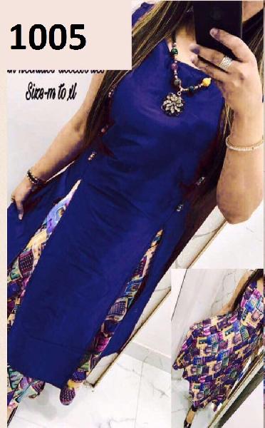 Riddhi Fashion Blue Tapeta Silk Kurtis, Sleeve Style : sleeveless