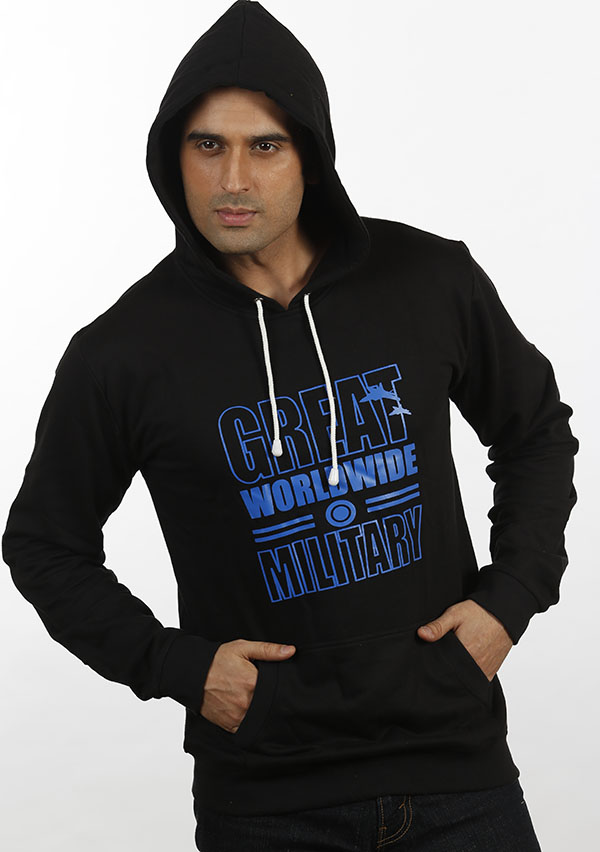 Mens Black Great Military Hooded Sweat Shirt