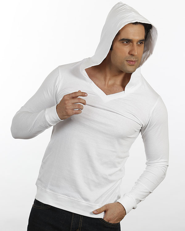 Mens White Solid Hooded Sweat Shirt