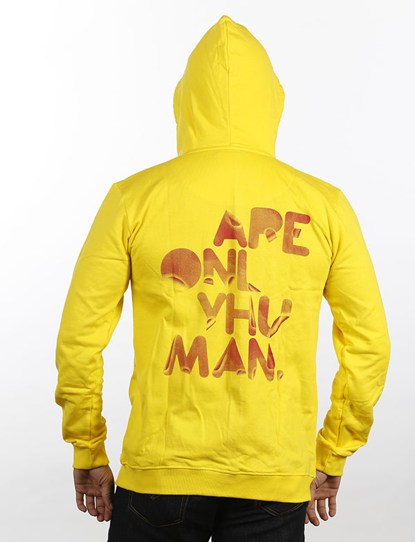 Mens Yellow Back Printed Hooded Sweat Shirt With Zipper