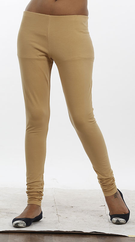 Cotton + Lycra Women Beige Solid Leggings, Pattern : Plain