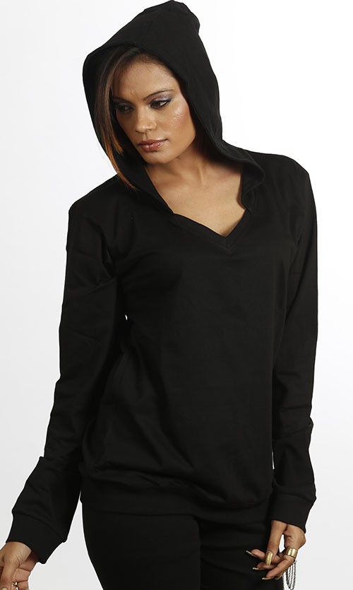 Womens Black Solid Hooded Sweat Shirt