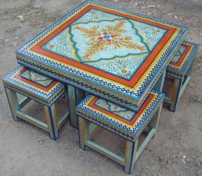 Indian Hand Painted Coffee Table With Stool - Indian Painted Furniture