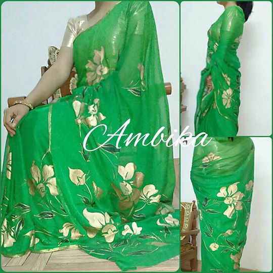 Chiffon without blouse Hand Painted Sarees, for Dry Cleaning, Age Group : Adults