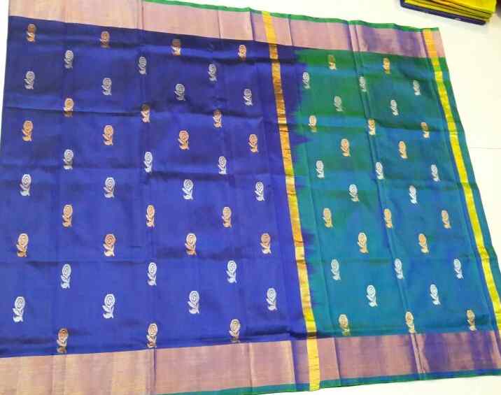 Blue and Green Color Pure Silk Saree