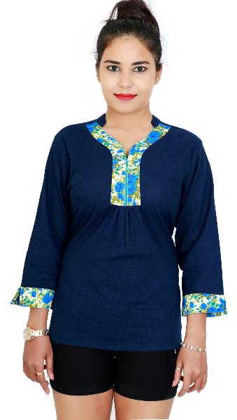 Solid Navy Top With Contrast Flower Trim