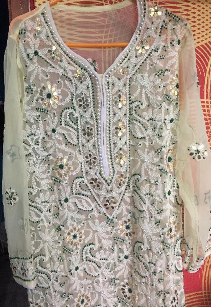 Chikankari kurti, Color : Sea Green