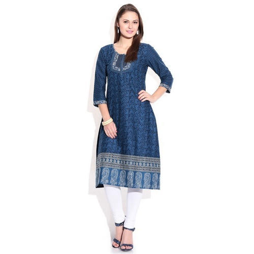 Printed Indigo Cotton Kurtis, Sleeve Type : 3/4th Sleeve