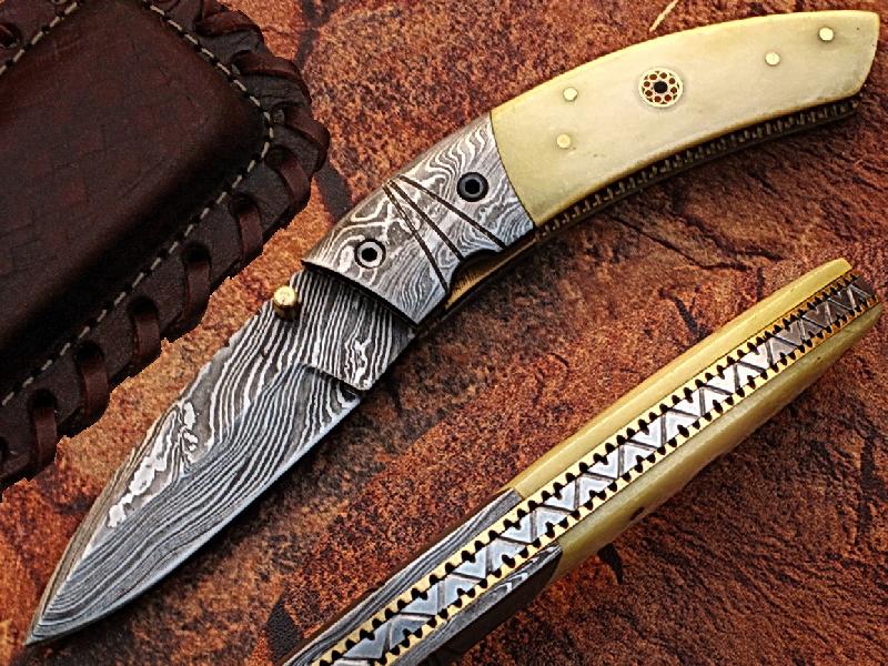 Thunder Bird Pocket Knife Damascus Steel Blade Bone Handle