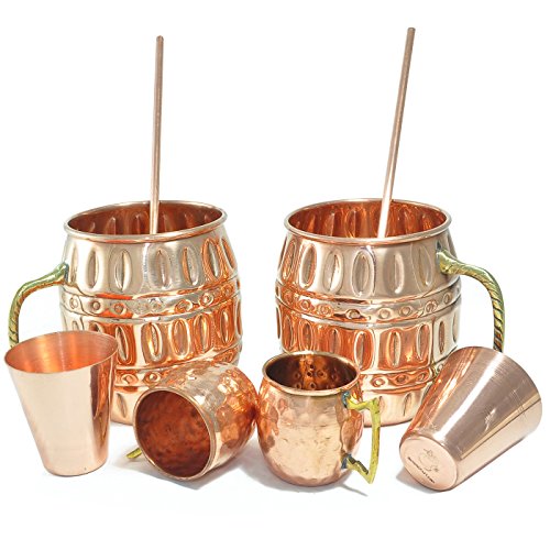 COPPER BEER MUG, STRAW WITH SHOT GLASS.