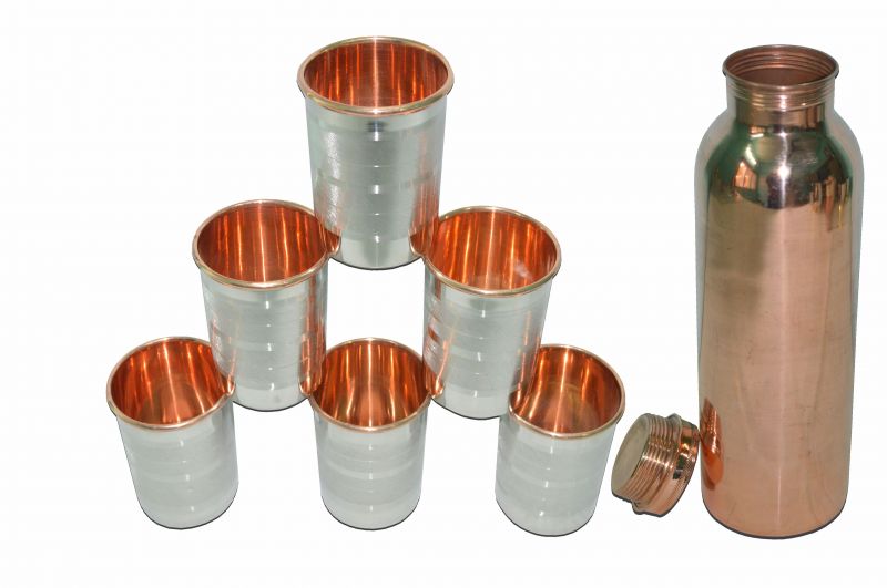 PURE COPPER BOTTLE WITH METAL GLASS., for Drinkware, Feature : Eco- Friendly