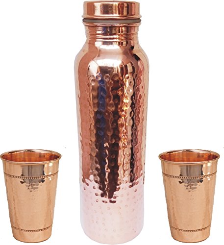 PURE COPPER HAMMERED BOTTLE With Glass., for Drinkware, Feature : Eco- Friendly