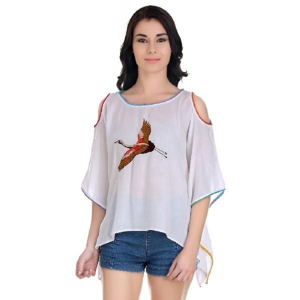 Girggit cloud-dancer-rayon-round-neck-drop-shoulder-3-4th-sleeves-top-with-swan-embroidery