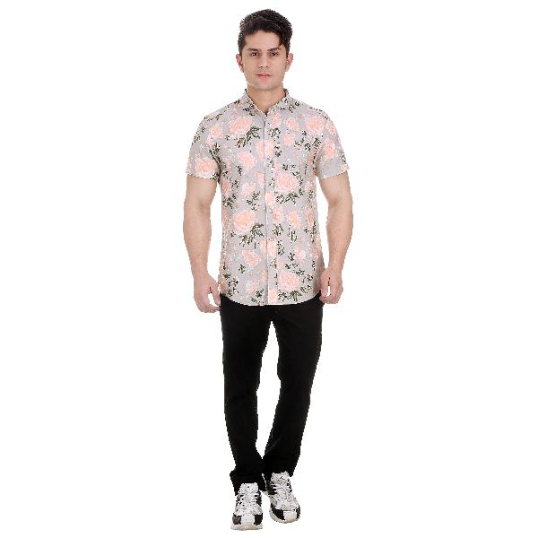 Girggit All Over Floral Print Silver Grey Half Sleeves Casual Shirt With Silicon Wash