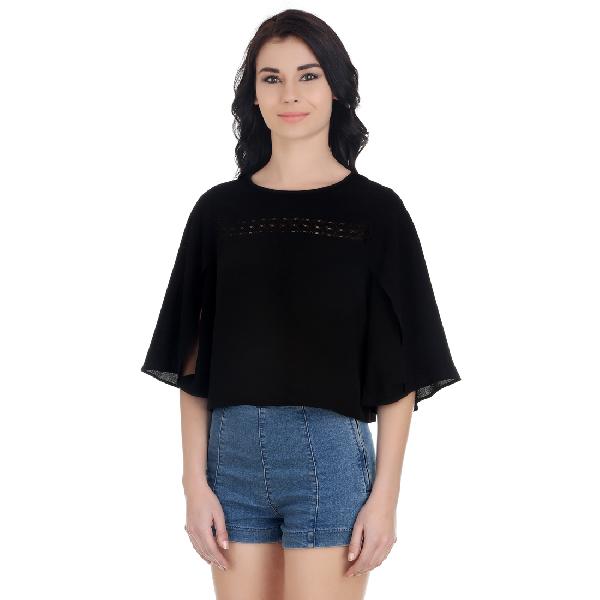 Girggit Black Polyester Bubble Georgette Round Neck Lace Detail Bell Sleeves Crop Top