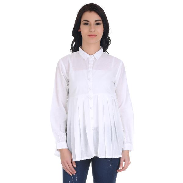 Girggit Cloud Dancer Cotton Pleated Front Open Full Sleeves Collared Dress Shirt
