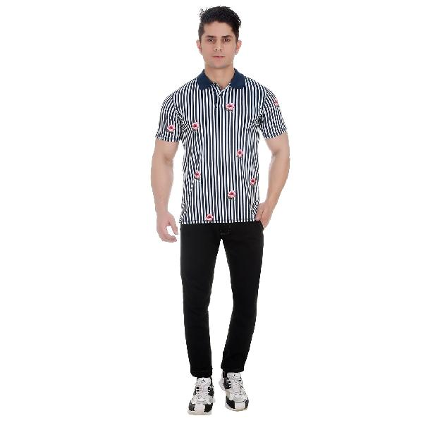 Girggit Cloud Dancer Pique Cotton Polo T-Shirt With All Over Striped Floral Print And Silicon Wash