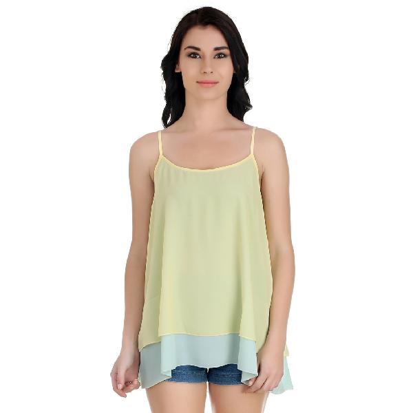 Girggit Lemon Yellow Polyester Georgette Double Layered Strap Camisole For Women