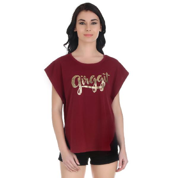 Girggit Marsala Cotton Round Neck Casual T-Shirt For Women With Brand Graphic