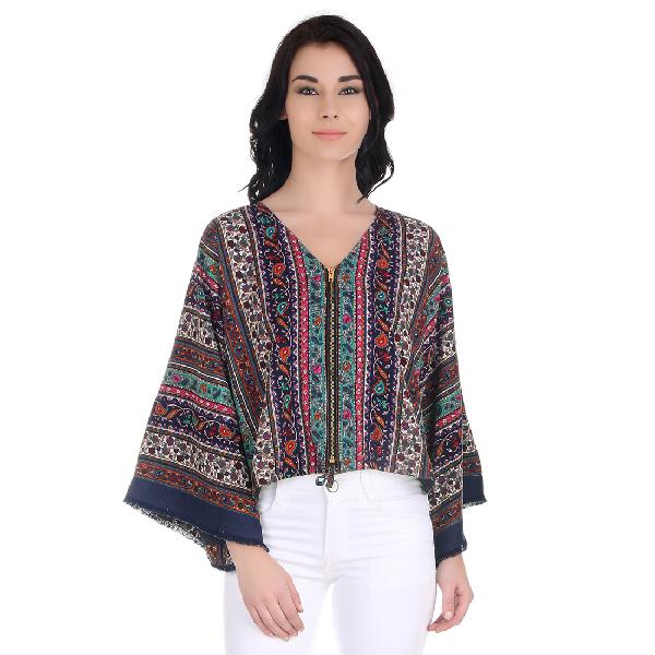 Girggit Multi Color Polyester Crepe Paisley Kimono Sleeves Jacket With Front Zipper