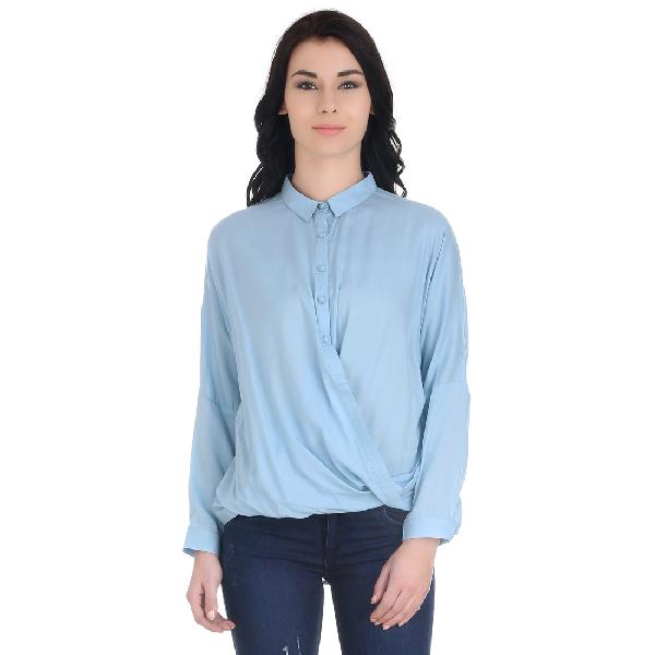 Girggit Ocean Blue Viscose Wrap Full Sleeves Collared Shirt
