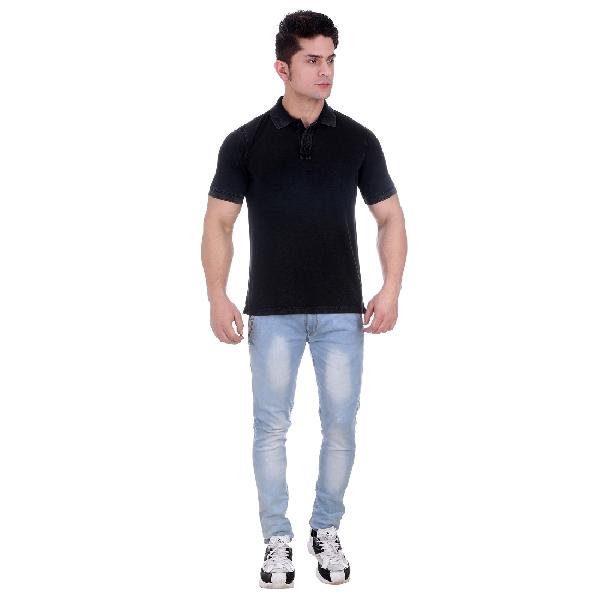 Girggit Overdyed Black Pique Cotton Polo T-Shirt With Cold Pigment Wash