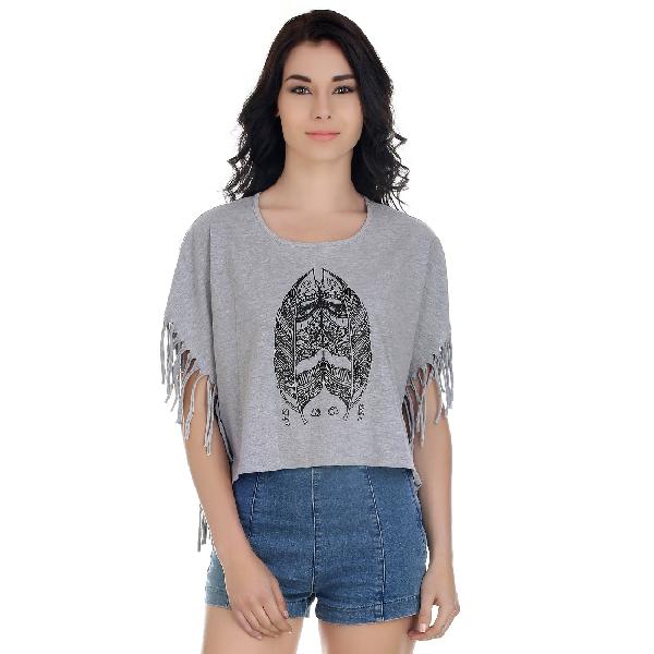 Girggit Round Neck Cow Boy Fringes Boat Neck Top For Women With Print