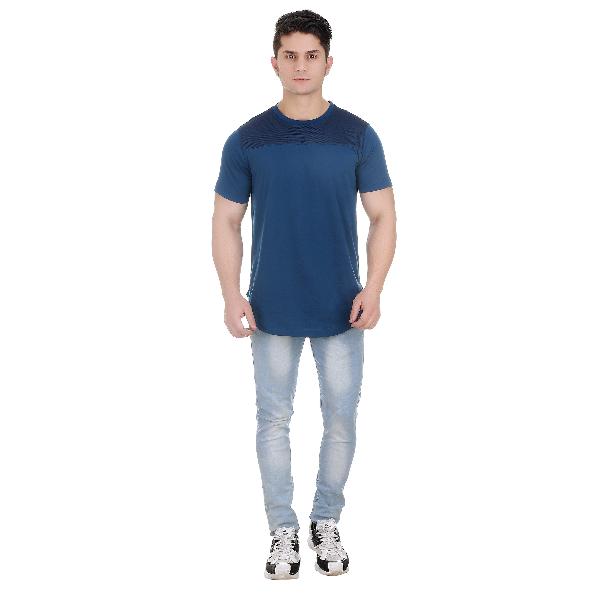 Girggit Round Neck Volcanic Blue Cotton Long T-Shirt For Men With Cut And Sew