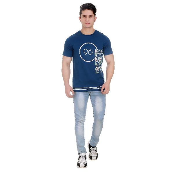 Girggit Round Neck Volcanic Blue Cotton T-Shirt For Men With Floral Numeric Graphic