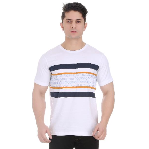 Girggit Round Neck White Cotton T-Shirt For Men With Pixelated Striped Graphic