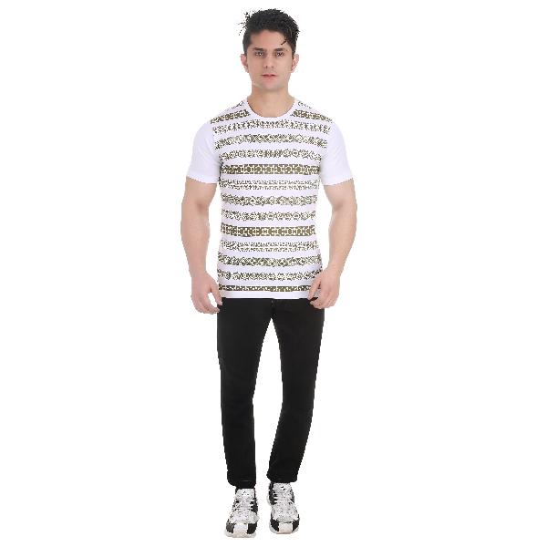 Girggit Round Neck White cotton t shirt With All Over Multi Tribal Stripe Graphic