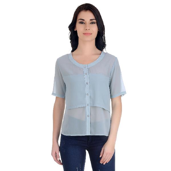 Girggit Silver Grey Polyester Georgette Half Sleeves Front Buttoned Collared Top